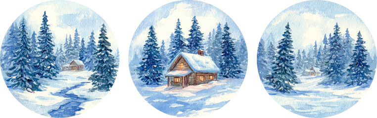 Naklejka premium Cozy winter snow cabin in peaceful forest. Watercolor illustration set