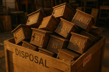 Pile of old wooden mailboxes with painted numbers, ready for disposal in a dusty, dimly lit storage room.