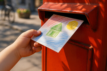 Adorable young hand inserts a crayon-drawn postcard featuring a heart into a vivid red post box.