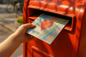 Adorable young hand inserts a crayon-drawn postcard featuring a heart into a vivid red post box.