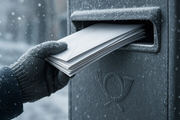 Sending mail on a snowy day. A person in a glove pushes letters into an icy postbox outdoors.