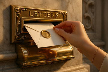 A golden letterbox accepts an elegant envelope, sealed with wax. Reflecting classic style and timeless communication.