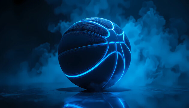A glowing blue basketball sits in a smoky, dark environment, illuminated by neon blue light trails