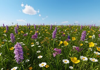 A vibrant summer meadow filled with colorful wildflowers under a beautiful blue sky with a single white cloud.