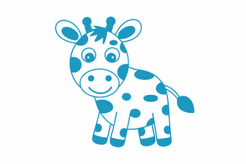 A cheerful blue giraffe outlined with spots stands happily on a bright, white background