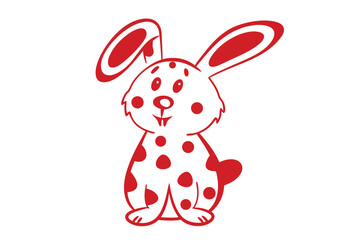 A charming white rabbit with red spots stands upright against a plain background