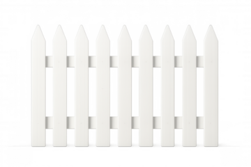 White wooden picket fence section with pointed tops creating a boundary on a transparent background