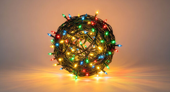 A captivating ball of christmas lights emitting a warm glow, creating a magical and festive ambiance against a soft background, a perfect holiday decoration