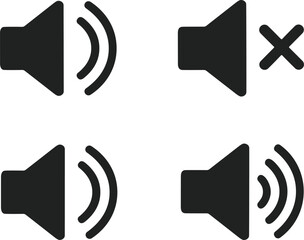 Speaker icon set showing high, medium, low volume, and mute states, black vector symbols for audio control and interface design