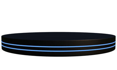 Black podium with blue neon lights for displaying premium products. 3D rendering.