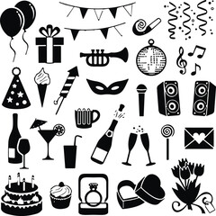 Celebration, party, romantic, festive, icon set, silhouette, vector, black, decoration, event, love, music, drink, gift, balloon, cake, mask, champagne, holiday, entertainment