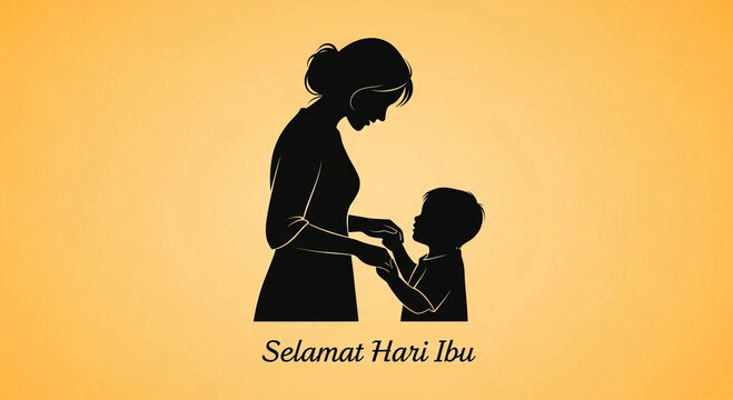 A silhouette of a mother and child holding hands with the text 'Selamat Hari Ibu' (Happy Mother's Day) on a yellow background.