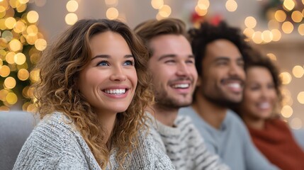 Obraz premium Holiday lifestyle Joyful Group of Friends Celebrating Together with Festive Lights in festive home interior