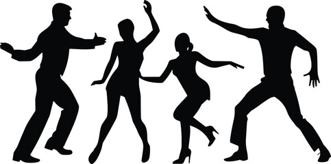 Dancing Silhouette People, Energetic Poses, Black Figures, Rhythm Motion, Vector Art, Isolated Design, Party Movement, Expressive Dance, Graphic Illustration