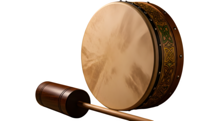 Bodhrn, an irish frame drum, and tipper isolated on transparent background