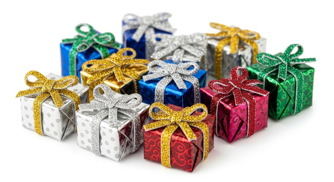 A colorful array of small, glittering christmas presents with bows, isolated on white background, perfect for festive decorations and holiday cheer