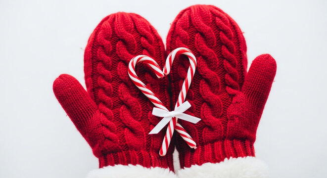 Festive red mittens holding candy canes arranged in a heart shape, isolated on white background a cozy and sweet symbol of holiday cheer and love - Powered by Adobe