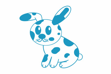 Adorable outlined bunny with blue spots sits upright against a crisp white background