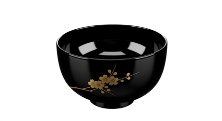 Elegant black bowl with golden floral design isolated on transparent background