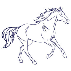 A graceful powerful horse in a dynamic running pose depicted as a clean elegant line art illustration with flowing mane and tail against a white background