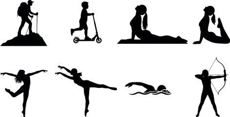Vector art of collection of silhouettes of people engaged in various sports and activities
