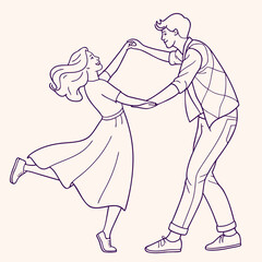 A joyful couple dances energetically in a retro style their outlines a deep purple against a soft cream background capturing a moment of pure happiness and movement