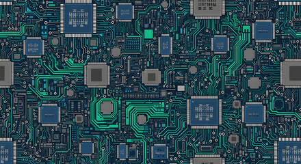 Futuristic digital landscape of a complex computer circuit board with glowing electronic pathways and microchips