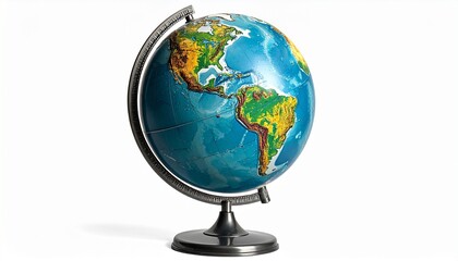 topographical globe showing Americas on metallic stand