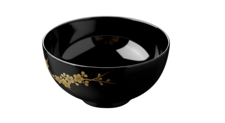 Black bowl with golden floral design isolated on transparent background