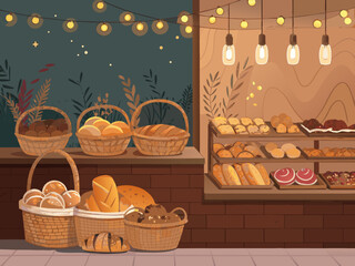 Stunning Vibrant Bakery Scene With Bread Baskets And Premium Digital Asset