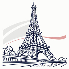 Obraz premium Iconic eiffel tower illustration in a minimalist line art style with subtle french flag inspired colors in the background representing parisian charm and elegance