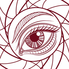 Intricate stylized human eye with dark red outline against a white background surrounded by abstract swirling lines