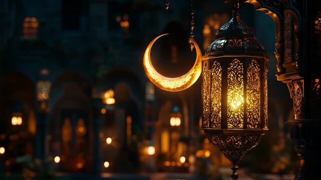 Bright golden Ramadan lantern lights with crescent moon and holiday decorations illuminate the mosque windows at night, for Ramadan or Eid al-Fitr and Eid al-Adha celebrations