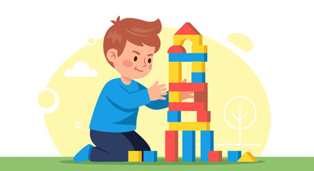 A young boy building a tall tower with colorful wooden blocks on a grassy field, showcasing creativity and childhood development