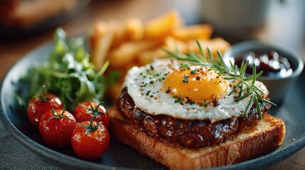 Artisan brunch plate with fried egg, steak, tomatoes, and golden fries