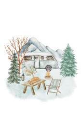  A digital watercolor scene showing a classic winter setup with a small cabin and a travel trailer/camper in a snowy, peaceful environment.