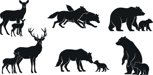 Naklejka premium Vector art of collection of animal silhouettes including deer, wolves, and bears with their young