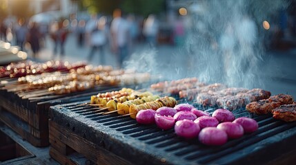 Vibrant Street Food Market with Grilling Meats and Vegetables on Charcoal Grills under Sunlight, Cinematic HDR Urban Scene with Blurred Crowd