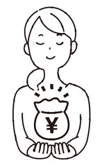 大事そうに資金を抱える女性_線画