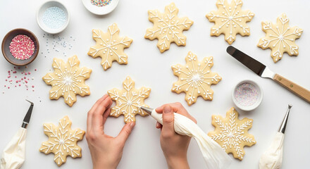 Overhead shot of hands decorating snowflakeshaped sugar cookies with white icing, surrounded by sprinkles and tools on a white surface isolated on white background