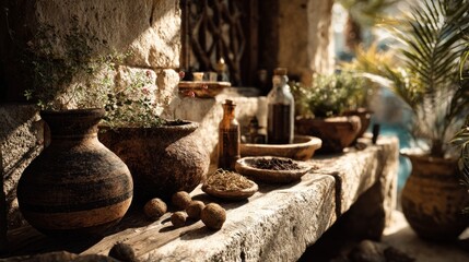 Rustic Mediterranean Still Life with Herbal Remedies and Ancient Pottery