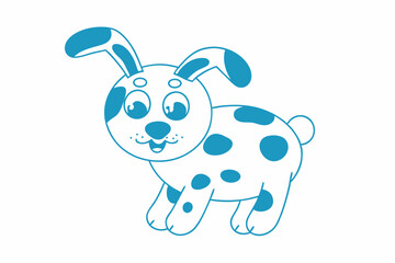 Blue outlined spotted dog smiles sweetly in simple cartoon line art