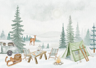 A detailed digital watercolor scene of a complete winter camping setup with a camper van, tent, campfire, and a backpack in a snowy forest.