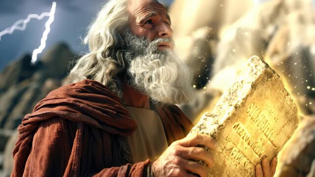 Moses commandment vision: mount sinai scene shows divine law, stone tablet gift, sacred covenant, biblical truth, spiritual foundation, faithful life, holy decree, religious symbol, eternal guide,