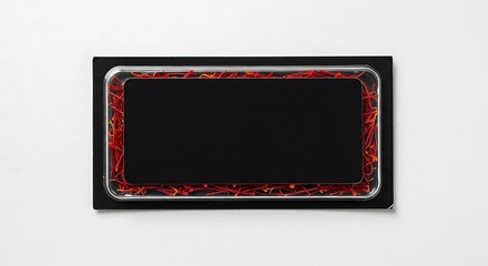 Closeup of a black rectangular speaker with a red and orange metallic frame, isolated on white background for commercial usage and mockups