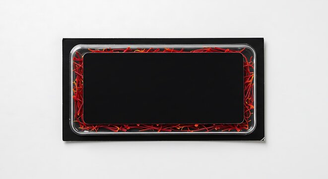 Closeup of a black rectangular speaker with a red and orange metallic frame, isolated on white background for commercial usage and mockups