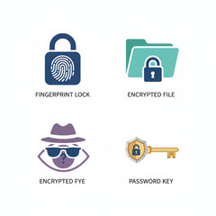 Privacy vector icons fingerprint lock, incognito eye, encrypted file, and password key