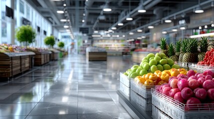 Vibrant Supermarket Aisle with Fresh Produce Displays in Bright Lighting and Concrete Floor Featuring Apples Oranges and Tropical Fruits