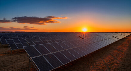 A vast solar farm with rows of photovoltaic panels stretching into the distance under a vibrant orange sunset, symbolizing renewable energy.