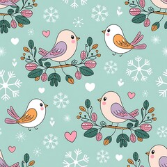 Fototapeta premium Winter Birds and Botanicals Seamless Pattern – Elegant Holiday Digital Paper with Songbirds, Leaves, and Snowy Floral Background for Scrapbooking & Crafts
